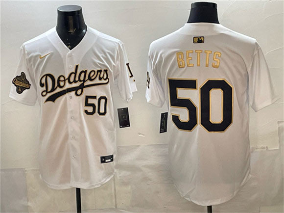 Men's Los Angeles Dodgers 50 Mookie Betts White Gold 2025 World Series Champions Patch Limited Stitched Baseball Jersey