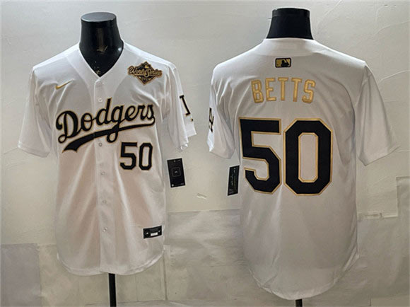Men's Los Angeles Dodgers 50 Mookie Betts White Gold 2025 World Series Patch Limited Stitched Baseball Jersey