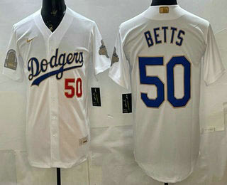 Men's Los Angeles Dodgers 50 Mookie Betts White Gold World Series Champions Collection Limited Jersey