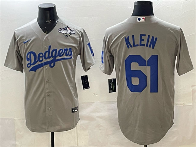 Men's Los Angeles Dodgers 61 Will Klein Grey 2025 World Series Patch Cool Base Stitched Baseball Jersey