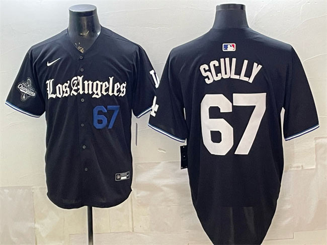 Men's Los Angeles Dodgers 67 Vin Scully Black 2025 World Series Champions Patch 'Gothic Edition' Vapor Premier Limited Stitched Baseball Jersey
