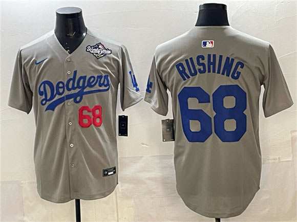 Men's Los Angeles Dodgers 68 Dalton Rushing Gray 2025 World Series Patch Limited Stitched Baseball Jersey