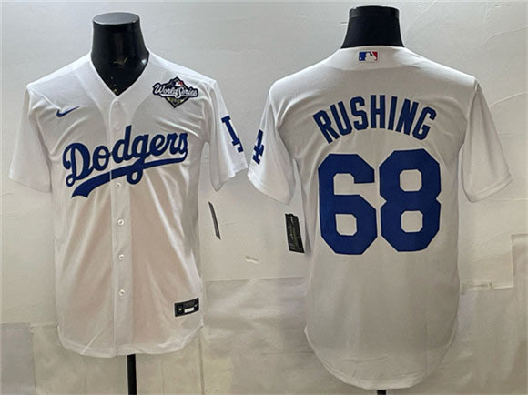 Men's Los Angeles Dodgers 68 Dalton Rushing White 2025 World Series Patch Cool Base Stitched Baseball Jersey