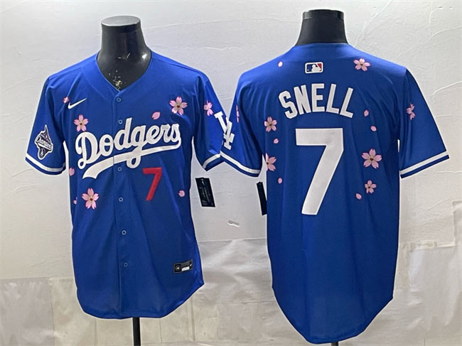Men's Los Angeles Dodgers 7 Blake Snell Royal 2025 World Series Champions Patch Tokyo Series Limited Stitched Baseball Jersey