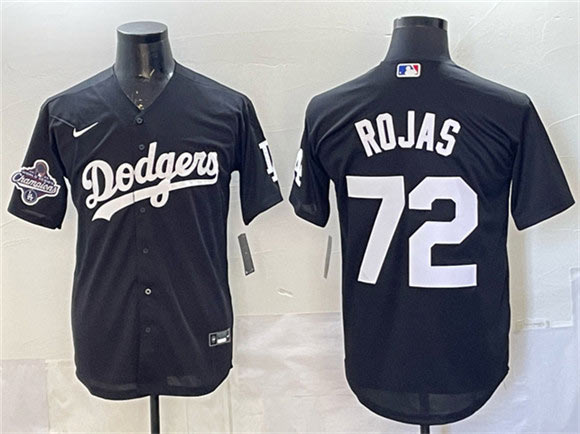 Men's Los Angeles Dodgers 72 Miguel Rojas Black 2025 World Series Champions Patch Cool Base Stitched Baseball Jersey