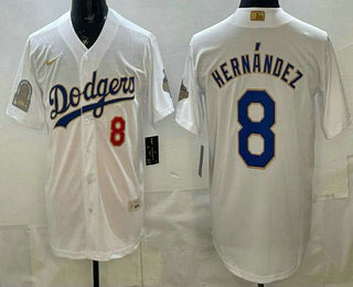 Men's Los Angeles Dodgers 8 Enrique Hernandez White Gold World Series Champions Collection Limited Jersey