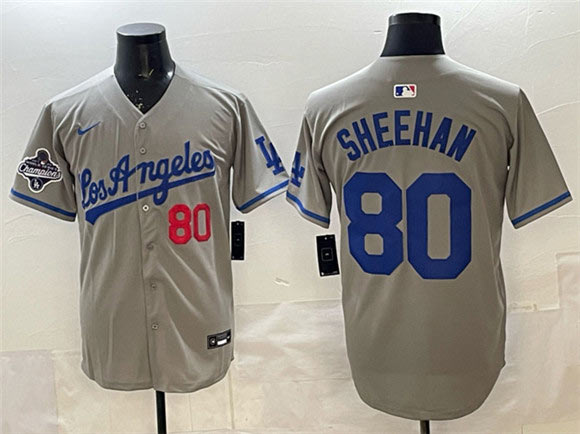 Men's Los Angeles Dodgers 80 Emmet Sheehan Gray 2025 World Series Champions Patch Limited Stitched Baseball Jersey
