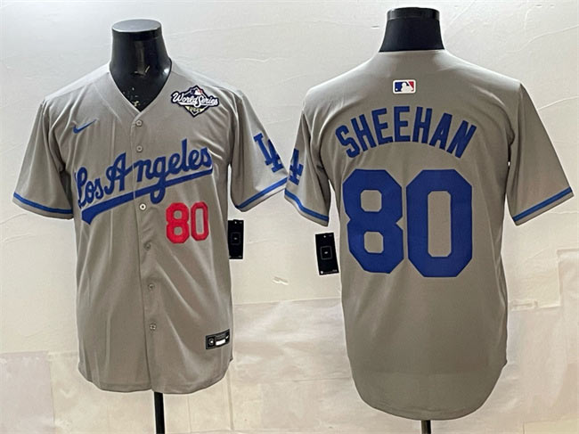Men's Los Angeles Dodgers 80 Emmet Sheehan Grey 2025 World Series Patch Limited Stitched Baseball Jersey
