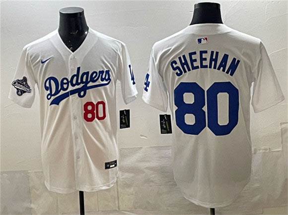 Men's Los Angeles Dodgers 80 Emmet Sheehan White 2025 World Series Champions Patch Limited Stitched Baseball Jersey