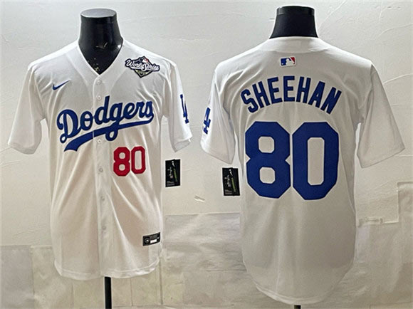 Men's Los Angeles Dodgers 80 Emmet Sheehan White 2025 World Series Patch Limited Stitched Baseball Jersey