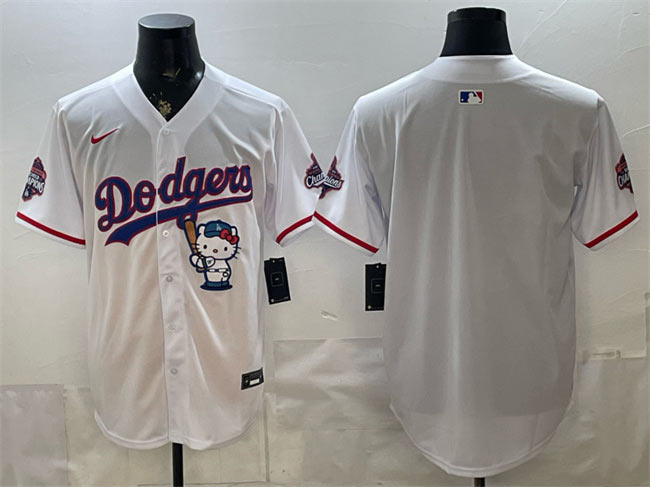 Men's Los Angeles Dodgers Blank White Hello Kitty Night 2025 World Series Champions Patch Stitched Baseball Jersey