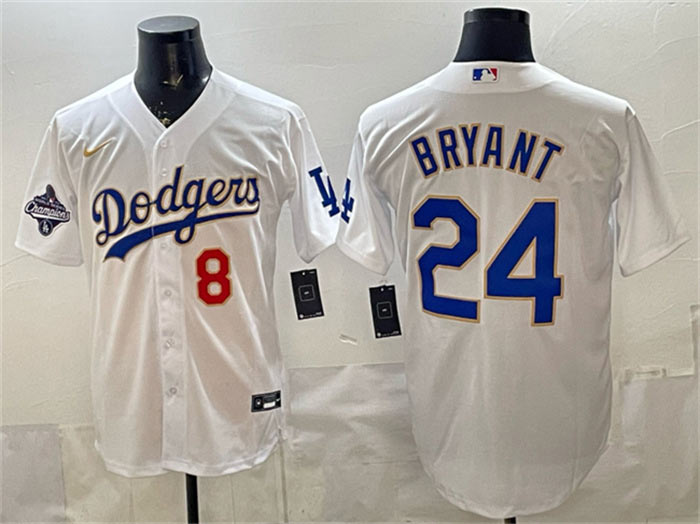 Men's Los Angeles Dodgers Front 8 Back 24 Kobe Bryant White Gold With 2025 World Series Champions Patch Stitched Baseball Jersey