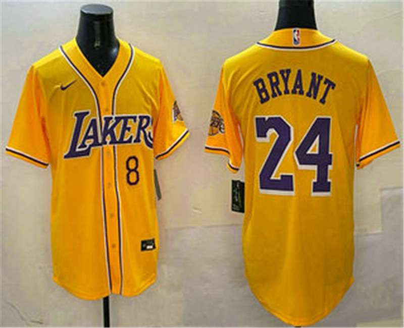Men's Los Angeles Lakers 8 24 Kobe Bryant Yellow Purple With Patch Cool Base Stitched Baseball Jersey