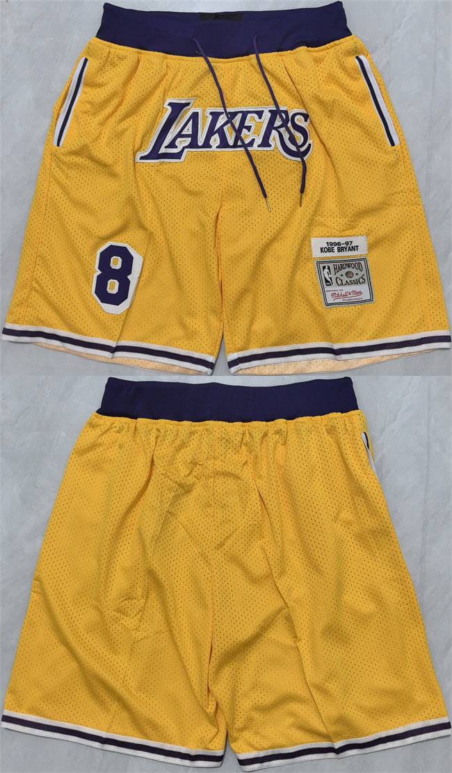 Men's Los Angeles Lakers 8 Kobe Bryant Yellow 2025 Shorts (Run Small)