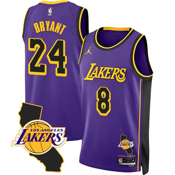 Men's Los Angeles Lakers Front 8 Back 24 Kobe Bryant Purple 2025 California Patch Stitched Basketball Jersey