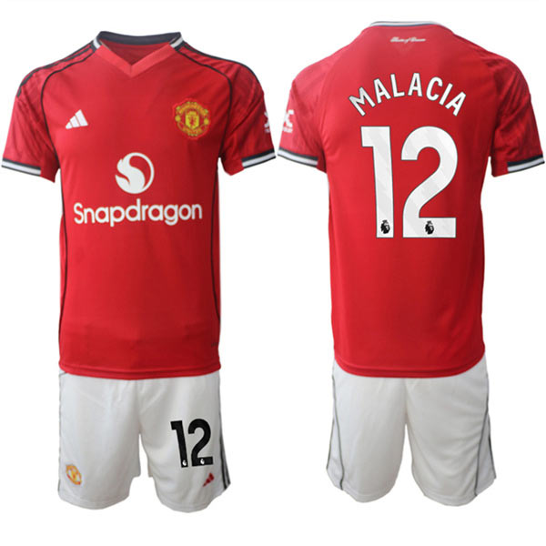Men's Manchester United 12 Tyrell Malacia 2025 26 Red Home Soccer Jersey Suit