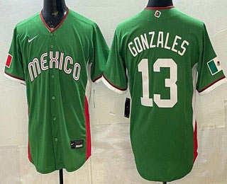 Men's Mexico 13 Nick Gonzales Green 2026 World Baseball Classic Cool Base Jersey