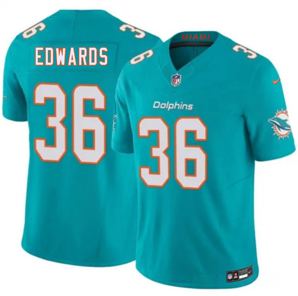 Men's Miami Dolphins 36 Donovan Edwards Aqua 2026 F.U.S.E. Vapor Limited Football Stitched Jersey