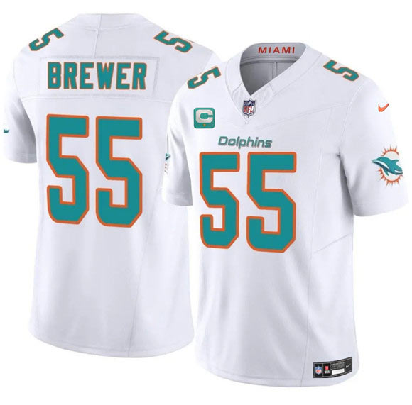 Men's Miami Dolphins 55 Aaron Brewer White 2025 F.U.S.E. With 1 Star C Patch Vapor Limited Football Stitched Jersey