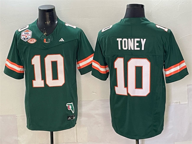 Men's Miami Hurricanes 10 Malachi Toney Green F.U.S.E. The Fiesta Bowl Champions & Florida Patch Stitched Football Jersey
