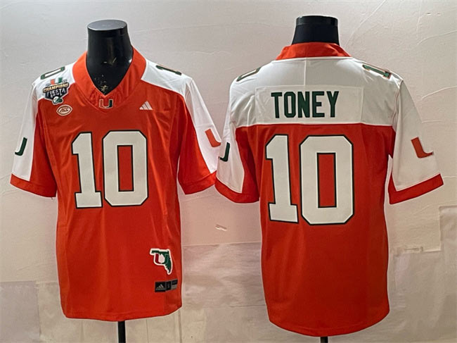 Men's Miami Hurricanes 10 Malachi Toney Orange Alternate F.U.S.E. Fiesta Bowl Champions & Florida Patch Stitched Football Jersey