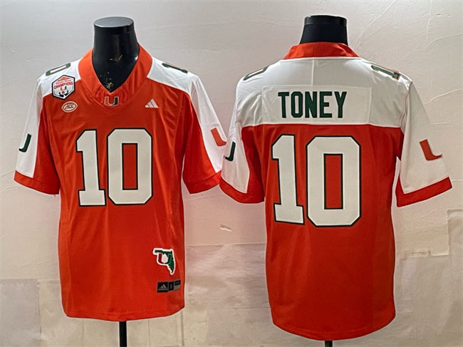 Men's Miami Hurricanes 10 Malachi Toney Orange Alternate F.U.S.E. The Fiesta Bowl Champions & Florida Patch Stitched Football Jersey