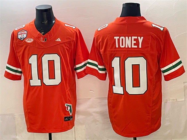 Men's Miami Hurricanes 10 Malachi Toney Orange F.U.S.E. Fiesta Bowl Champions & Florida Patch Stitched Football Jersey
