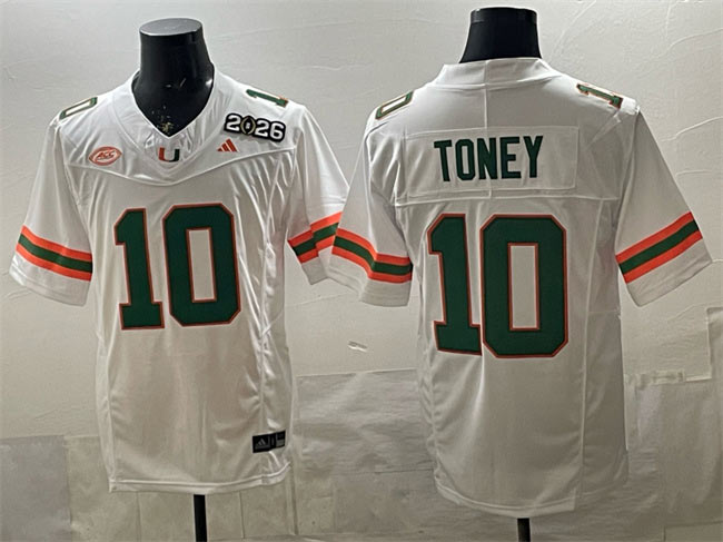 Men's Miami Hurricanes 10 Malachi Toney White F.U.S.E. 2026 & Florida Patch Stitched Football Jersey