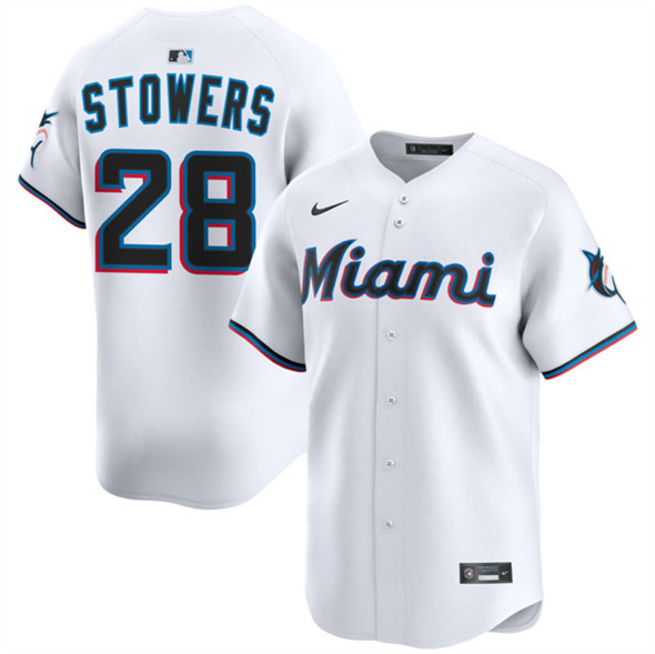 Men's Miami Marlins 28 Kyle Stowers White 2024 Home Limited Stitched Baseball Jersey
