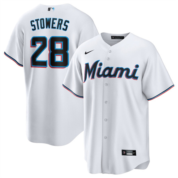 Men's Miami Marlins 28 Kyle Stowers White Cool Base Stitched Baseball Jersey
