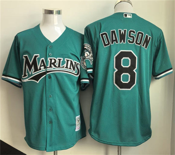 Men's Miami Marlins 8 Andre Dawson Teal Throwback Stitched Baseball Jersey