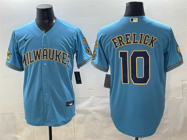 Men's Milwaukee Brewers 10 Sal Frelick Blue With Home & Bob Uecker Patch Stitched Baseball Jersey