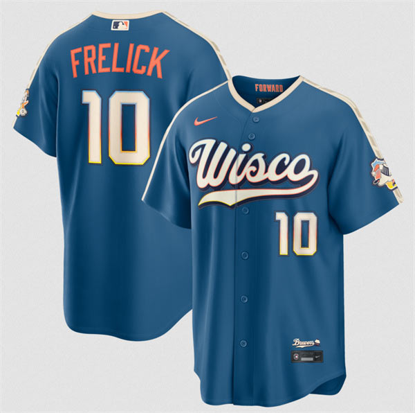 Men's Milwaukee Brewers 10 Sal Frelick Mineral Blue 2026 City Connect Stadium Stitched Stitched Baseball Jersey