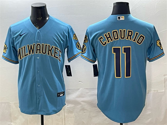 Men's Milwaukee Brewers 11 Jackson Chourio Blue With Home & Bob Uecker Patch Stitched Baseball Jersey