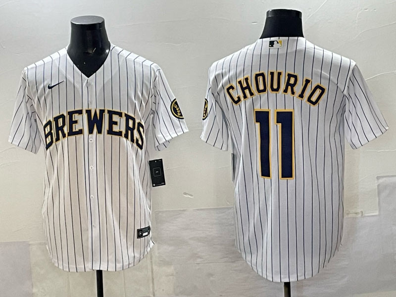 Men's Milwaukee Brewers 11 Jackson Chourio White Pinstripe 2025 With Patch Stitched Baseball Jersey