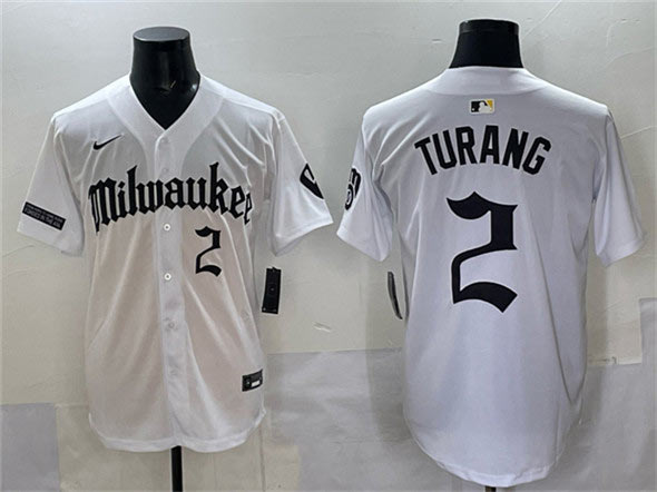Men's Milwaukee Brewers 2 Brice Turang White 'Gothic 414 Shadows Edition' Vapor Premier Limited Stitched Jersey