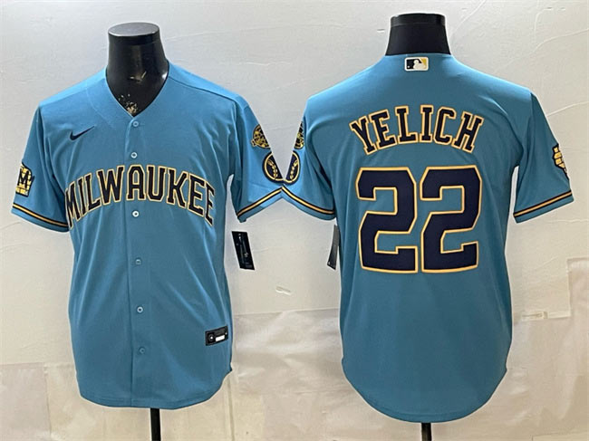 Men's Milwaukee Brewers 22 Christian Yelich Blue With Home & Bob Uecker Patch Stitched Baseball Jersey