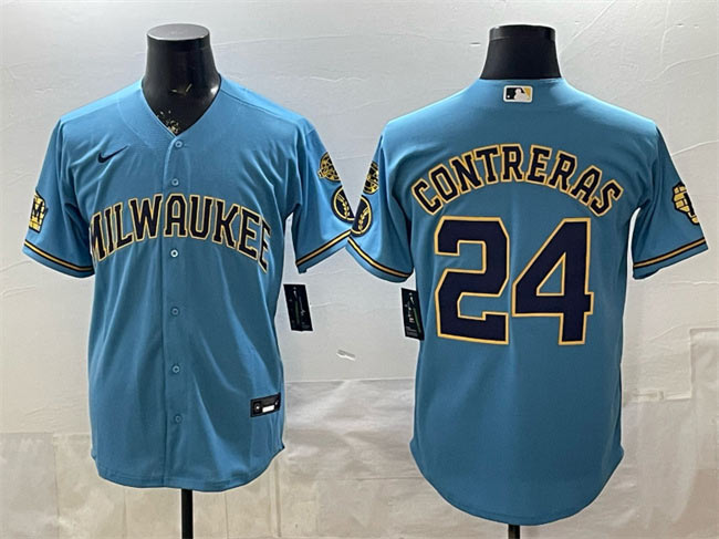 Men's Milwaukee Brewers 24 William Contreras Blue With Home & Bob Uecker Patch Stitched Baseball Jersey