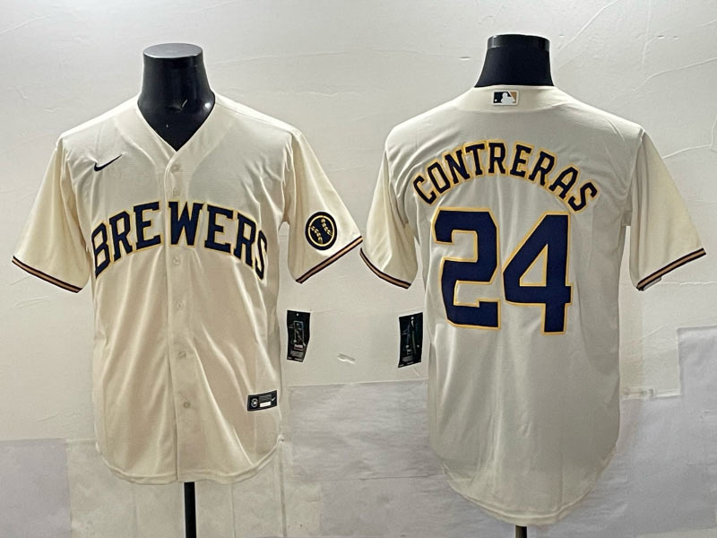 Men's Milwaukee Brewers 24 William Contreras Cream With Patch Stitched Baseball Jersey