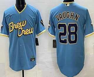 Men's Milwaukee Brewers 28 Andrew Vaughn Powder Blue 2022 City Connect Cool Base Jersey