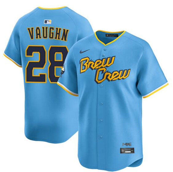 Men's Milwaukee Brewers 28 Andrew Vaughn Powder Blue City Connect Limited Stitched Baseball Jersey