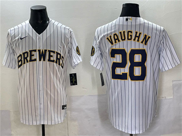 Men's Milwaukee Brewers 28 Andrew Vaughn White Pinstripe 2025 With Patch Stitched Baseball Jersey