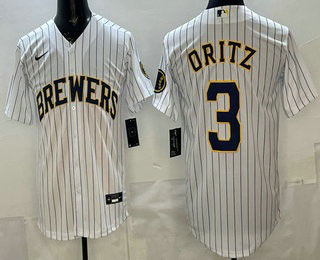Men's Milwaukee Brewers 3 Joey Ortiz White Cool Base Jersey