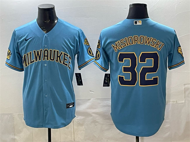 Men's Milwaukee Brewers 32 Jacob Misiorowski Blue With Home & Bob Uecker Patch Stitched Baseball Jersey