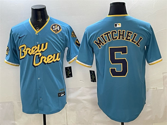 Men's Milwaukee Brewers 5 Garrett Mitchell Powder Blue City Connect With Home & Bob Uecker Patch Limited Stitched Baseball Jersey