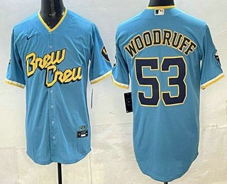 Men's Milwaukee Brewers 53 Brandon Woodruff Powder Blue 2022 City Connect Cool Base Jersey