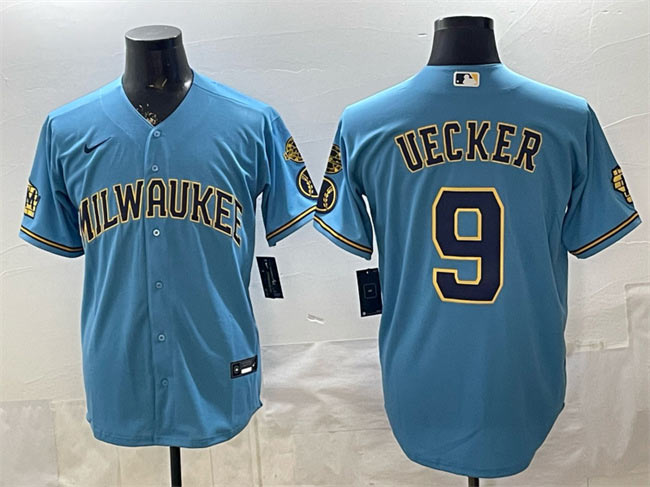 Men's Milwaukee Brewers 9 Bob Uecker Blue With Home & Bob Uecker Patch Stitched Baseball Jersey