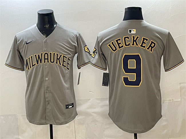 Men's Milwaukee Brewers 9 Bob Uecker Grey Home Limited Stitched Jersey