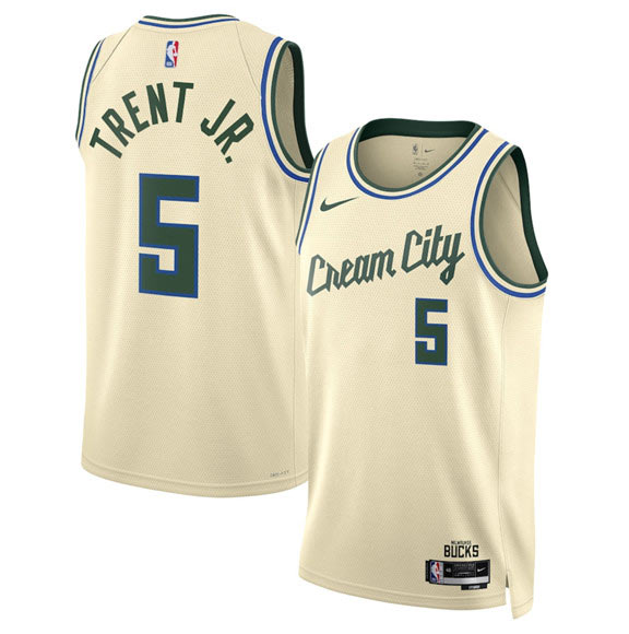 Men's Milwaukee Bucks 5 Gary Trent Jr. Cream 2025 26 City Edition Swingman Stitched Basketball Jersey