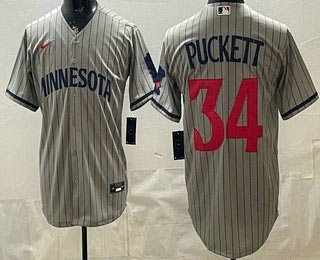Men's Minnesota Twins 34 Kirby Puckett Grey Cool Base Stitched Baseball Jersey